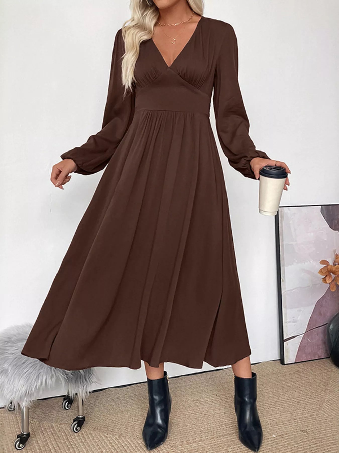 green emerald velvet dress V-Neck Long Sleeve A-Line Midi Dress – MaxFashion USA