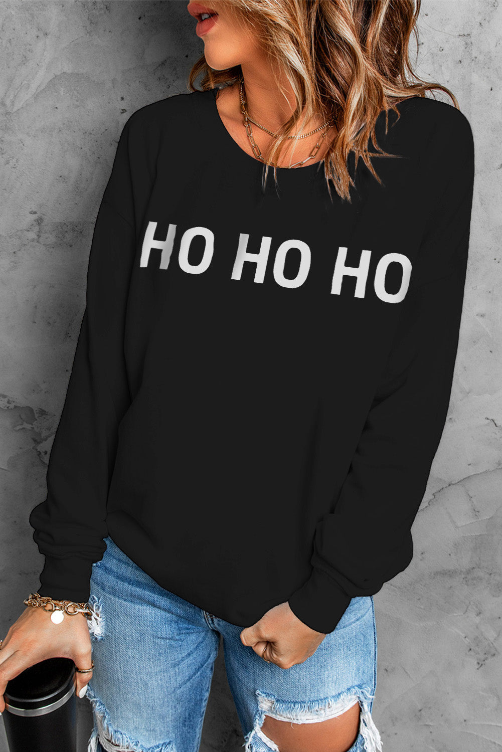 HO HO HO Graphic Round Neck Sweatshirt