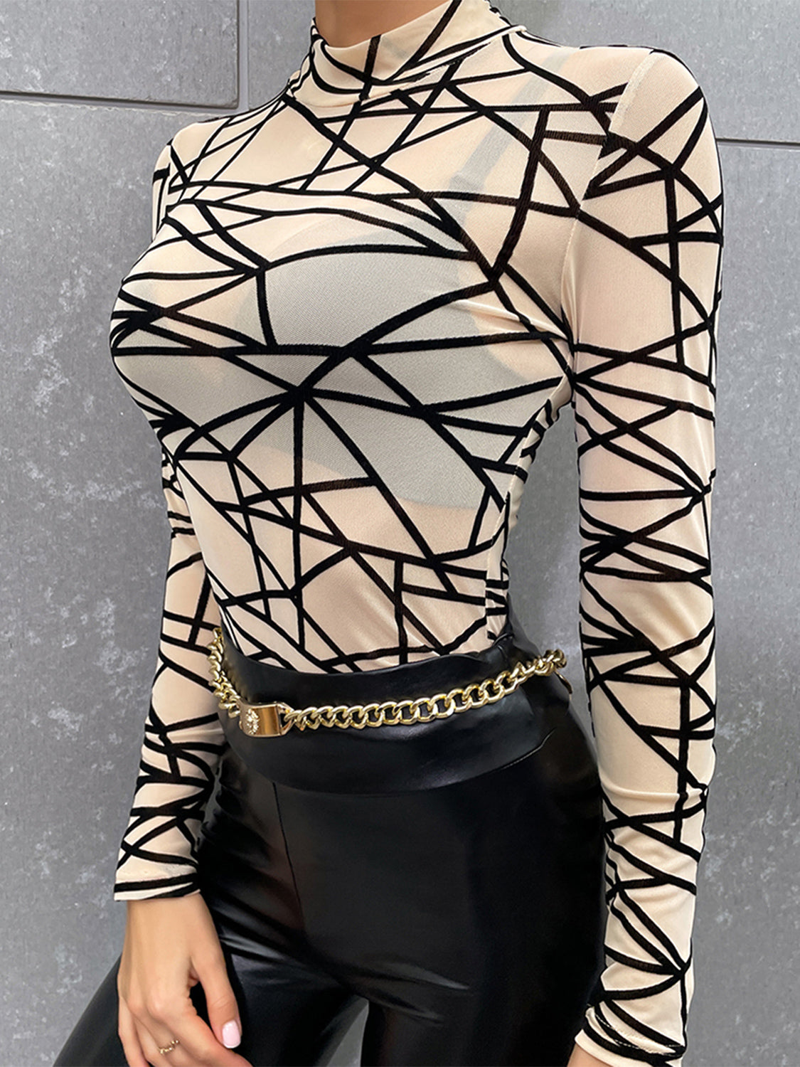 Geometric Mock Neck Long Sleeve Top