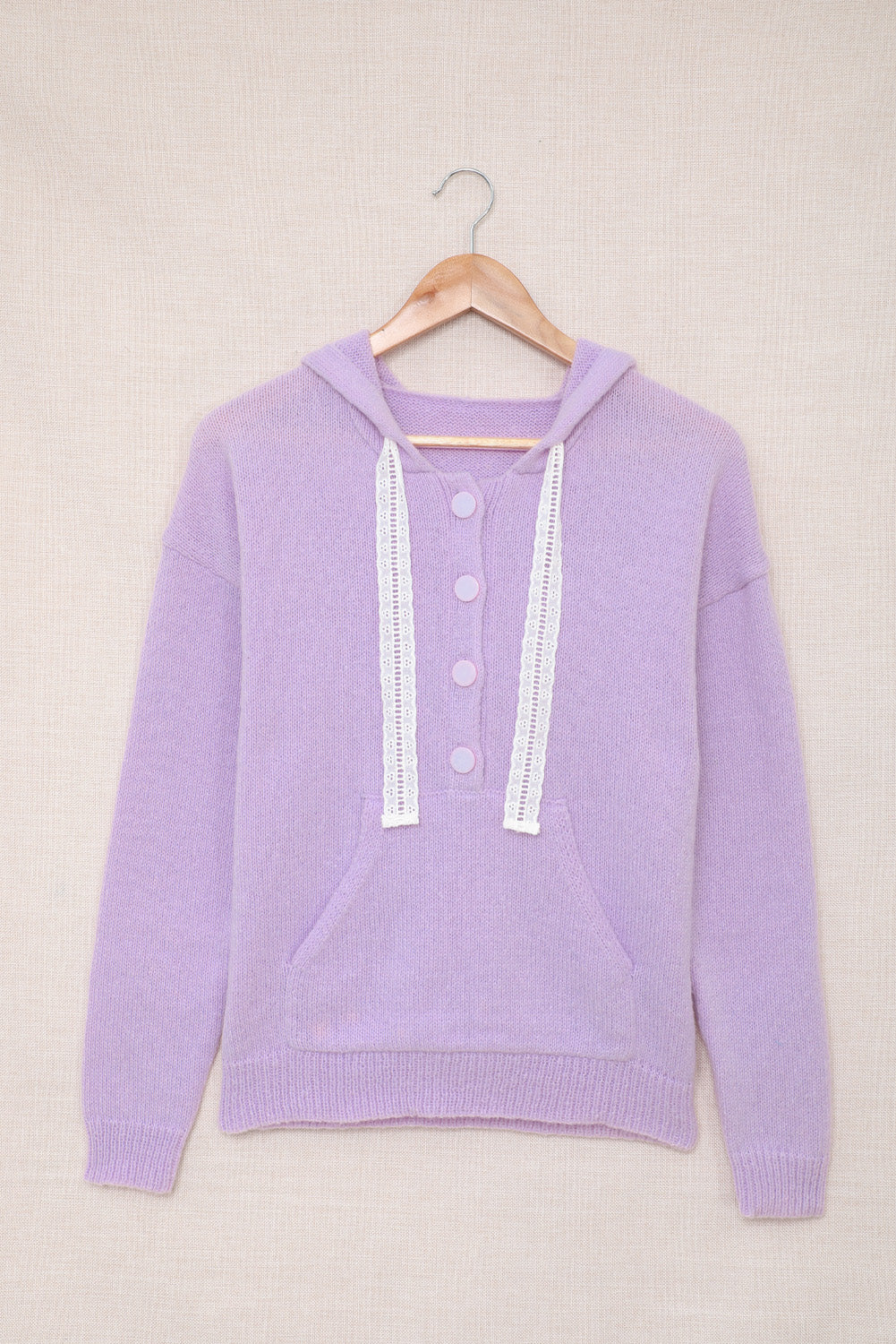 Lace Trim Half-Button Drawstring Knit Hoodie