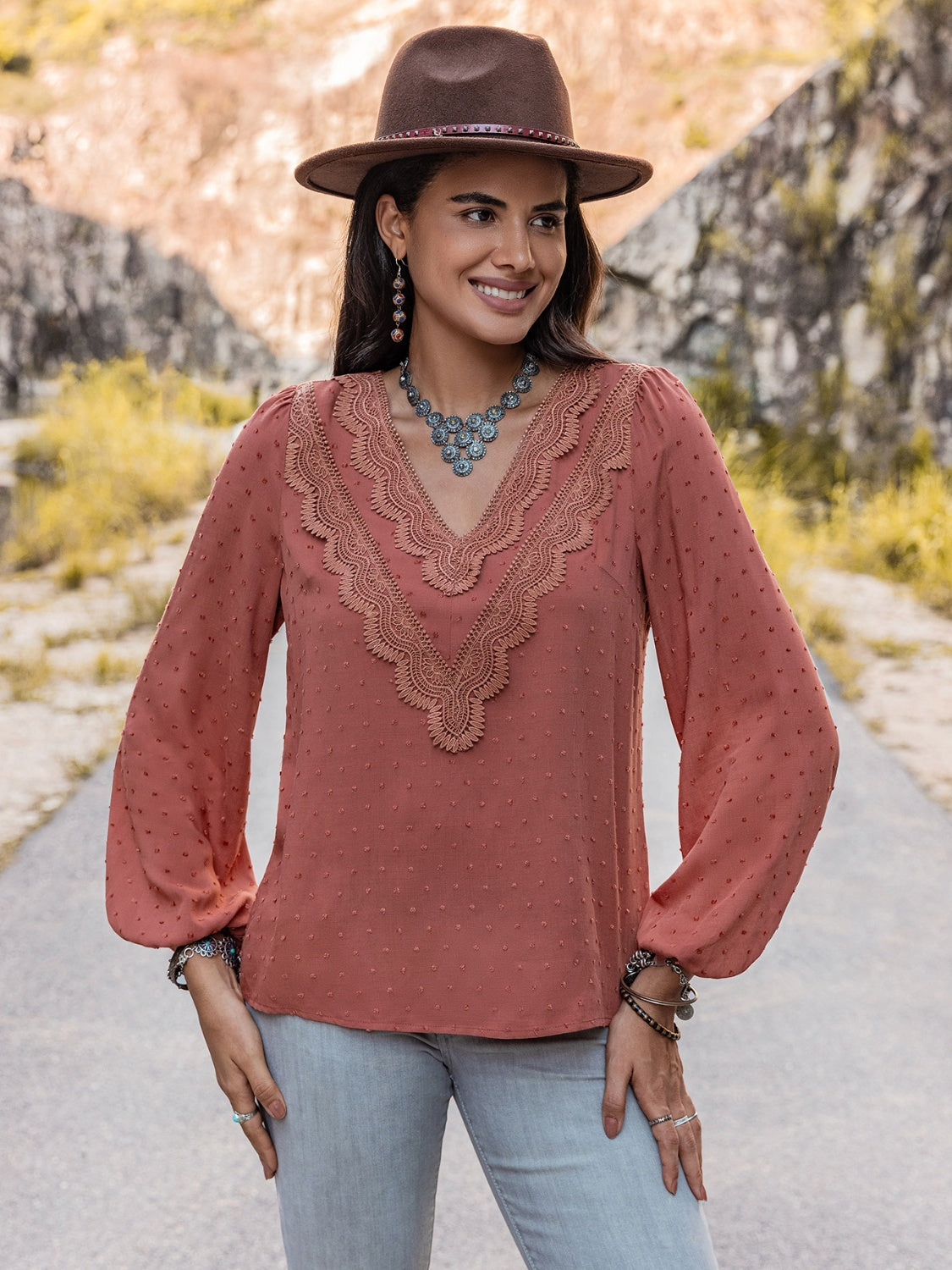 Swiss Dot V-Neck Blouse