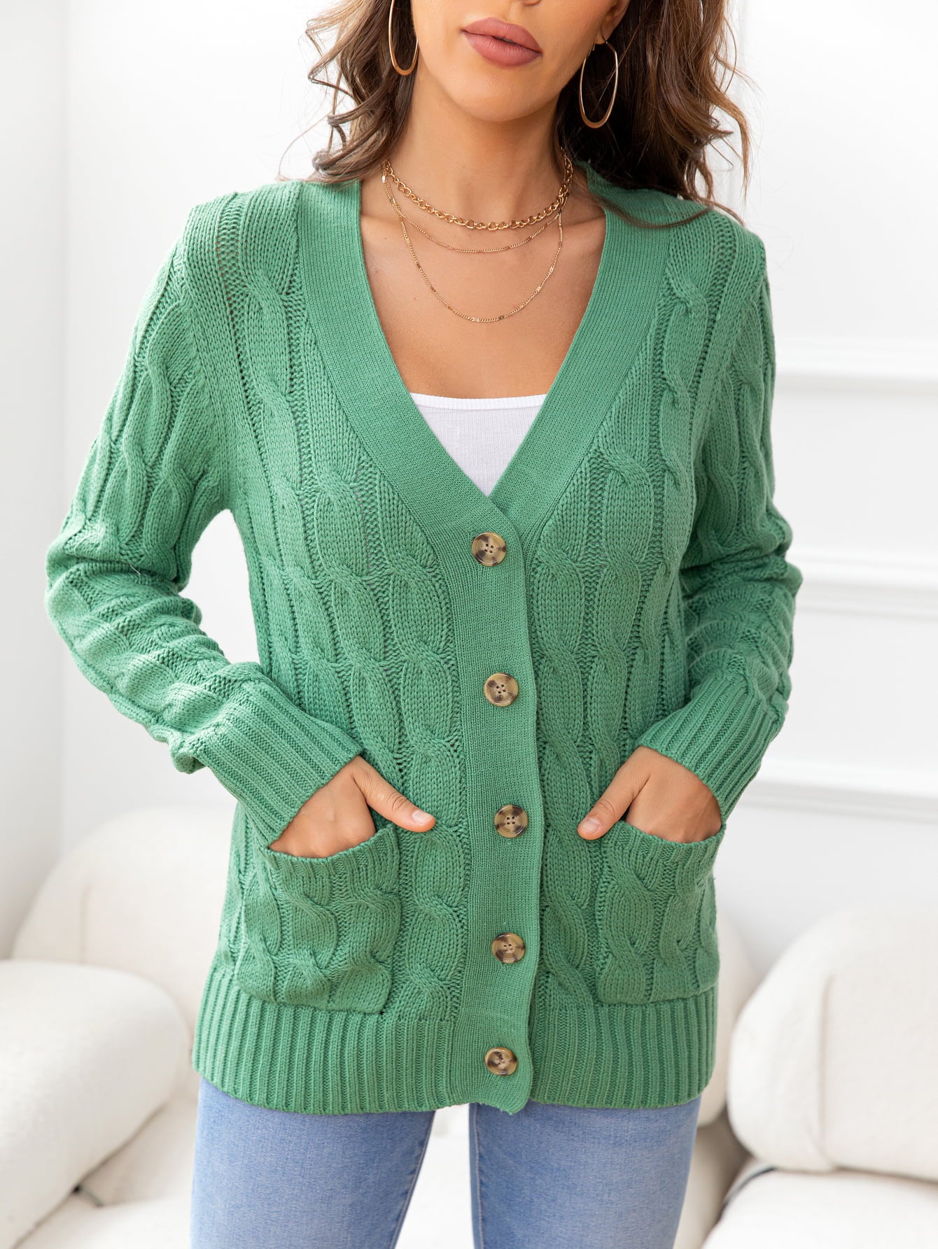 Button Down Cable-Knit Cardigan