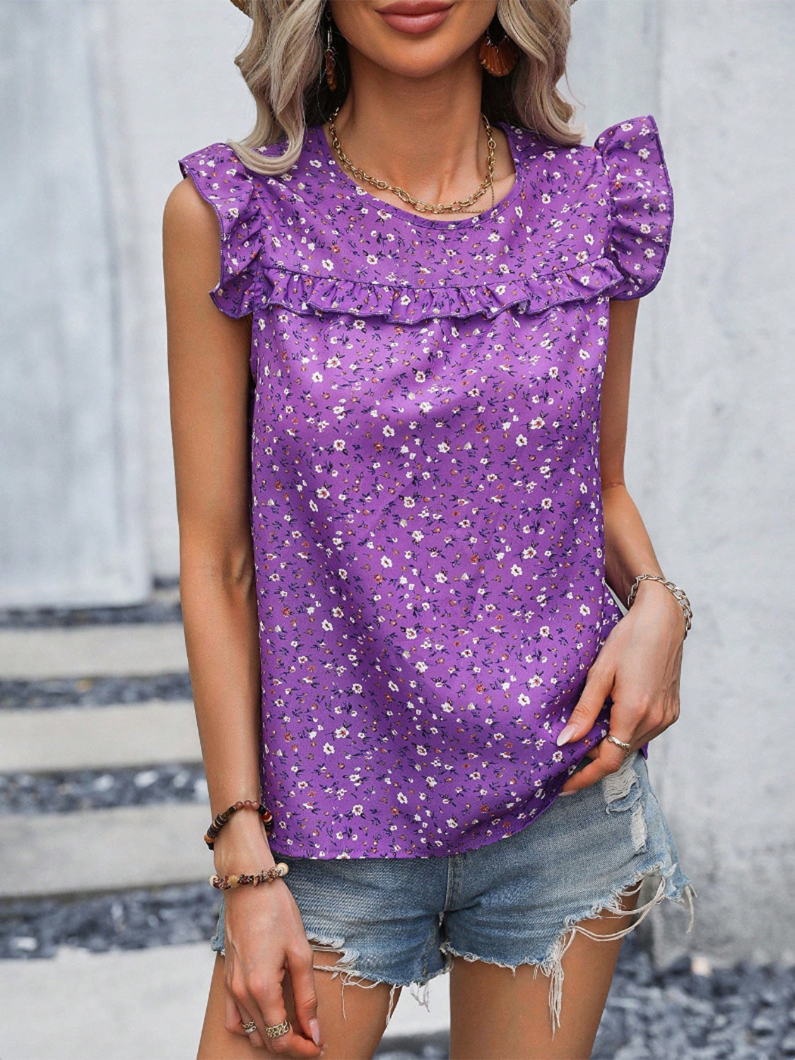 Ruffled Printed Round Neck Cap Sleeve Blouse