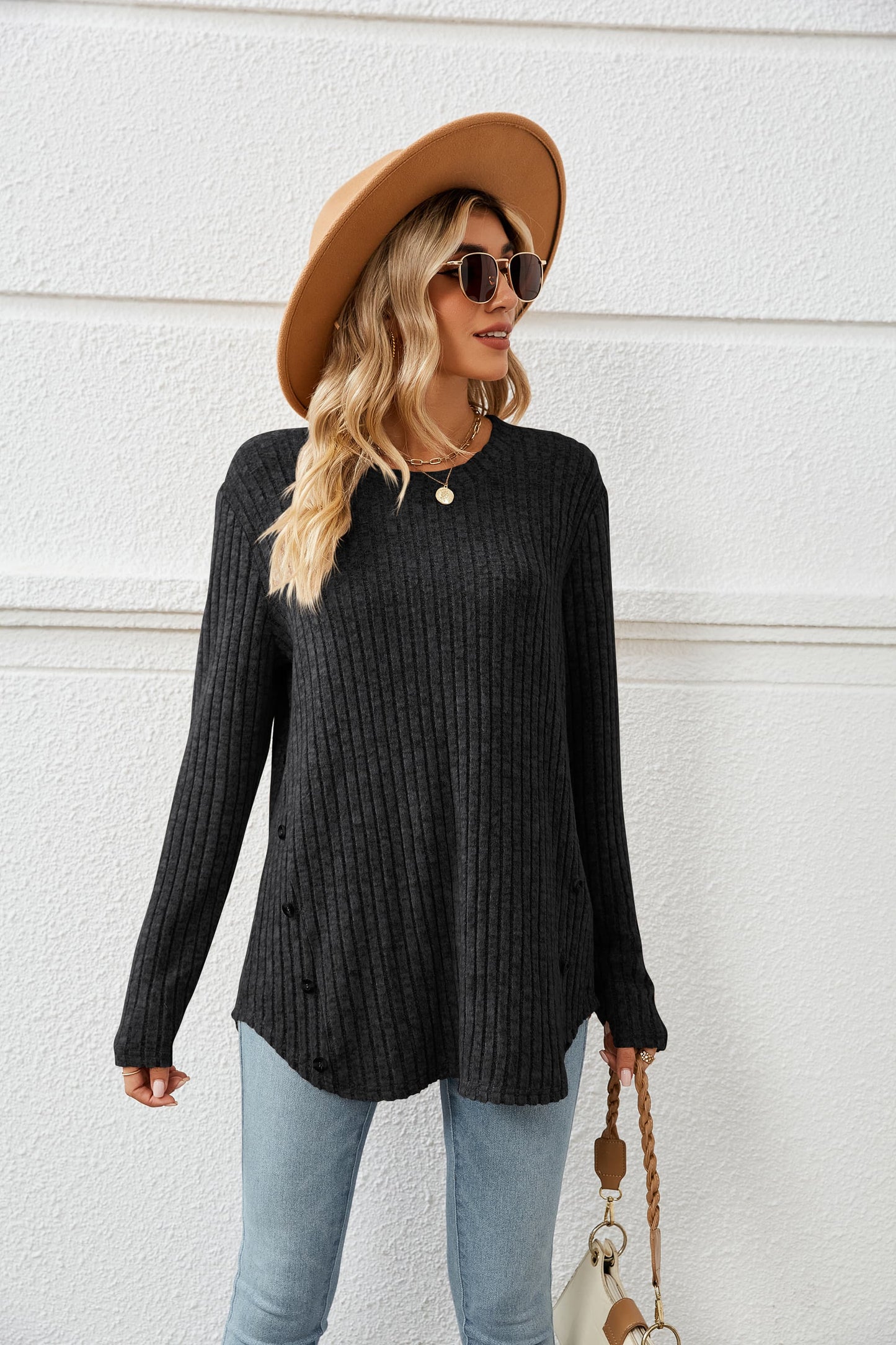 Round Neck Ribbed Long Sleeve T-Shirt