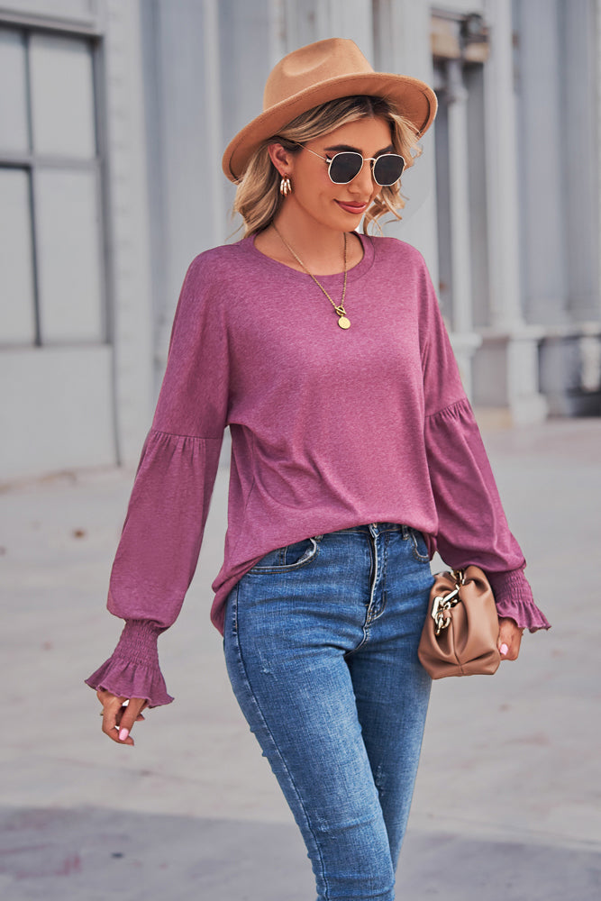 Round Neck Flounce Sleeve Blouse