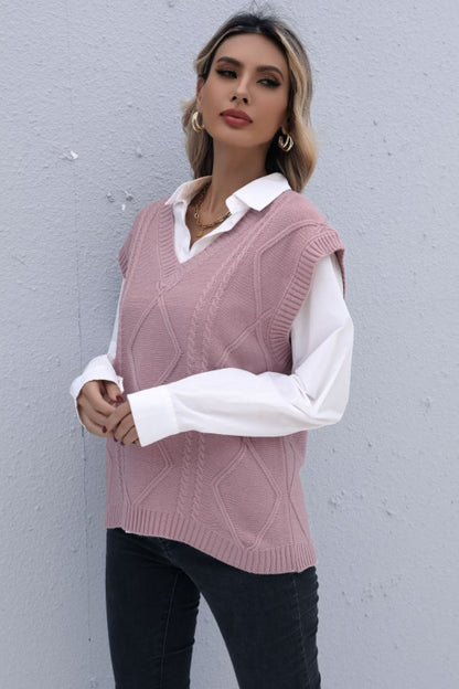 Sleeveless V-Neck Cable Knit Vest