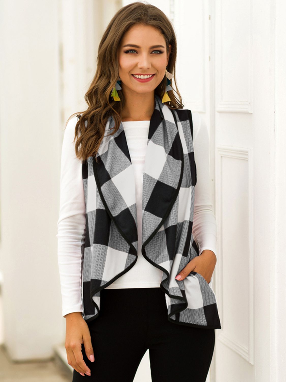 Plaid Open Front Sleeveless Cardigan