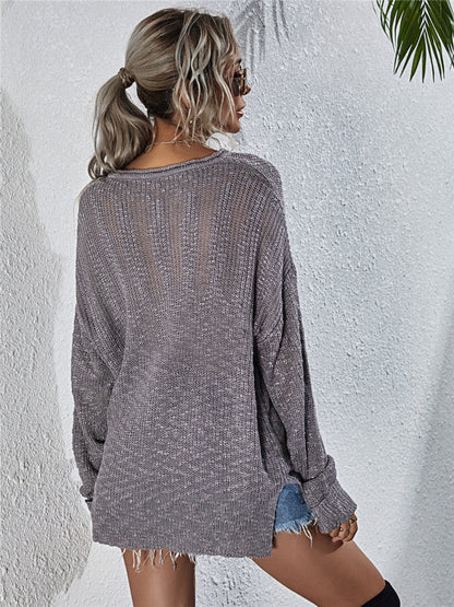 Notched Neck Slit Knit Top