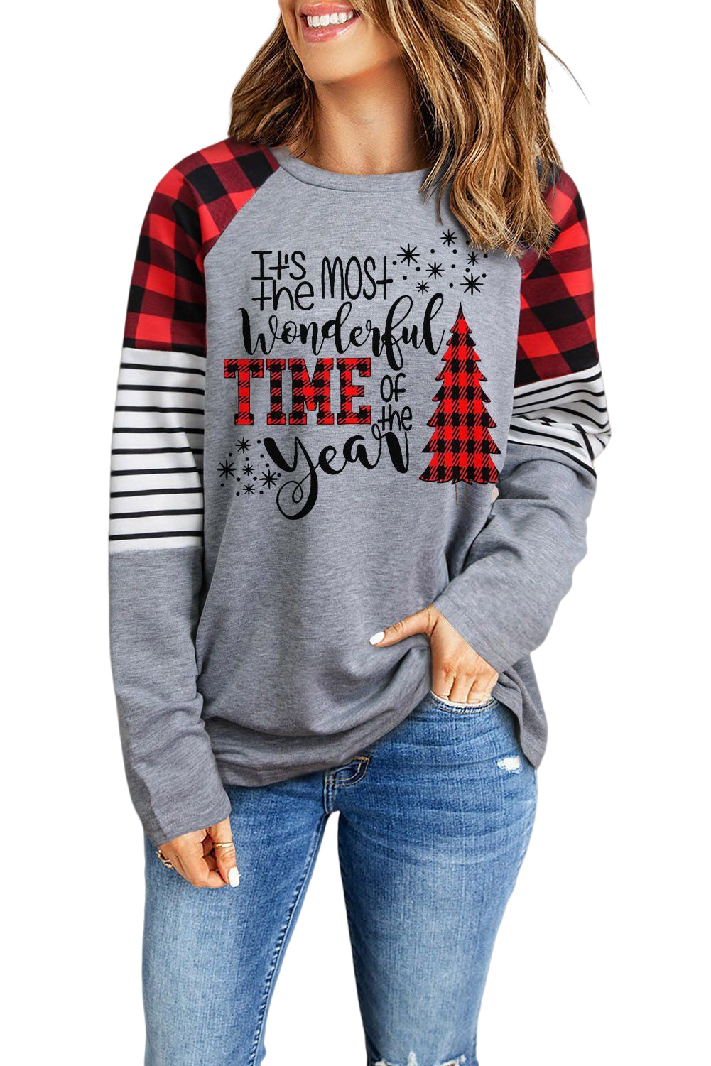 Christmas Mixed Print Letter Graphic Raglan Sleeve Top