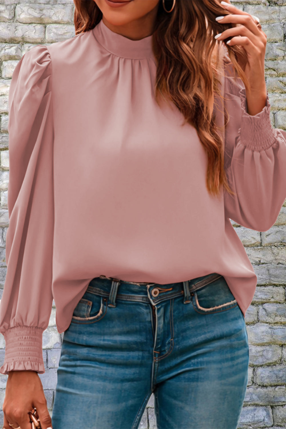 Mock Neck Puff Sleeve Blouse