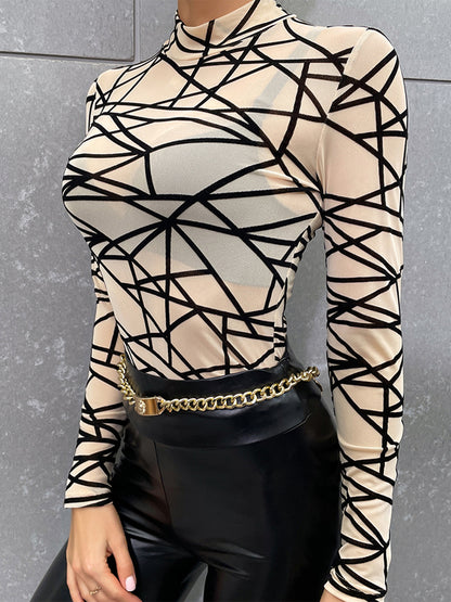 Geometric Mock Neck Long Sleeve Top