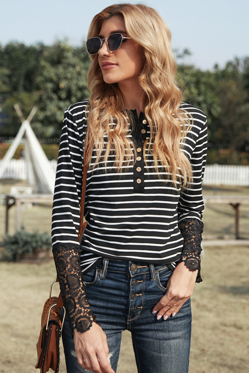 Striped Button-Up Lace Detail Long Sleeve Blouse