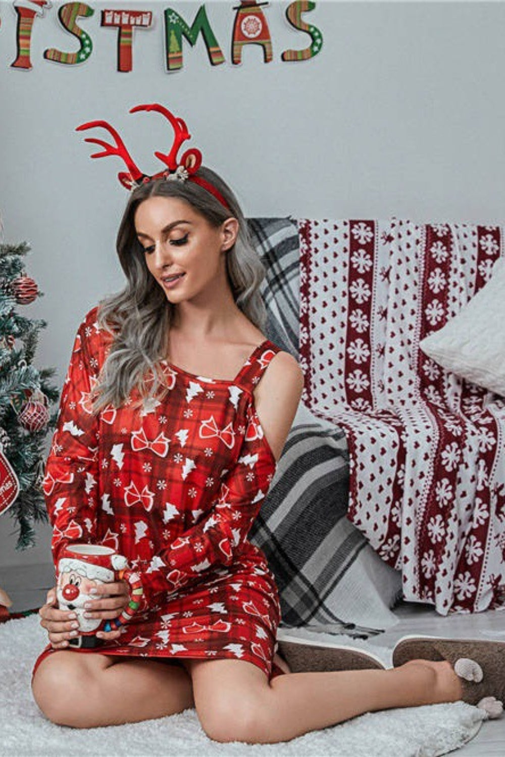 Christmas Asymmetrical Neck Long Sleeve Dress