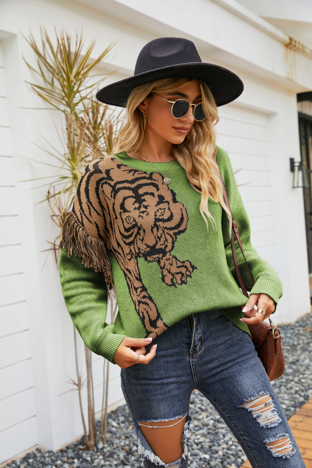 Tiger Graphic Fringe Detail Sweater