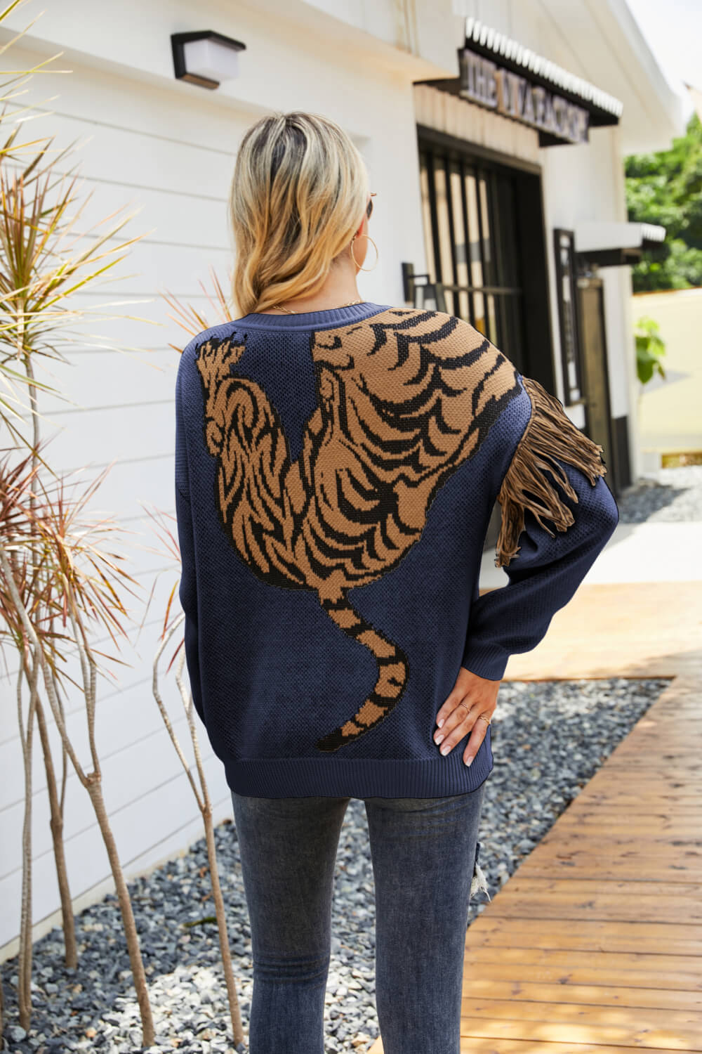 Tiger Graphic Fringe Detail Sweater