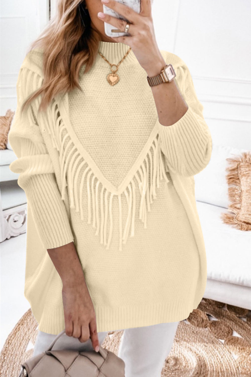 Fringe Detail Mock Neck Sweater