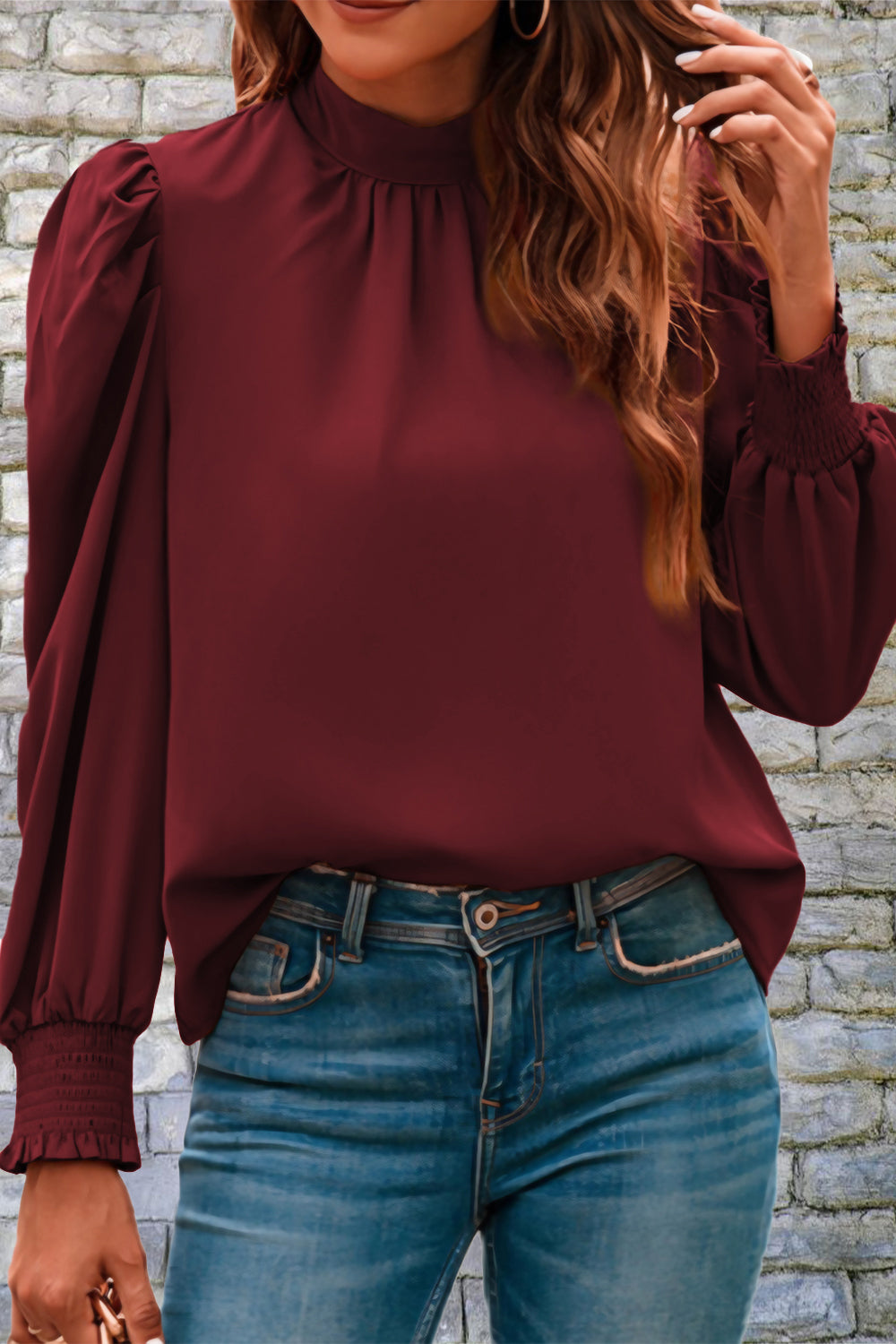 Mock Neck Puff Sleeve Blouse