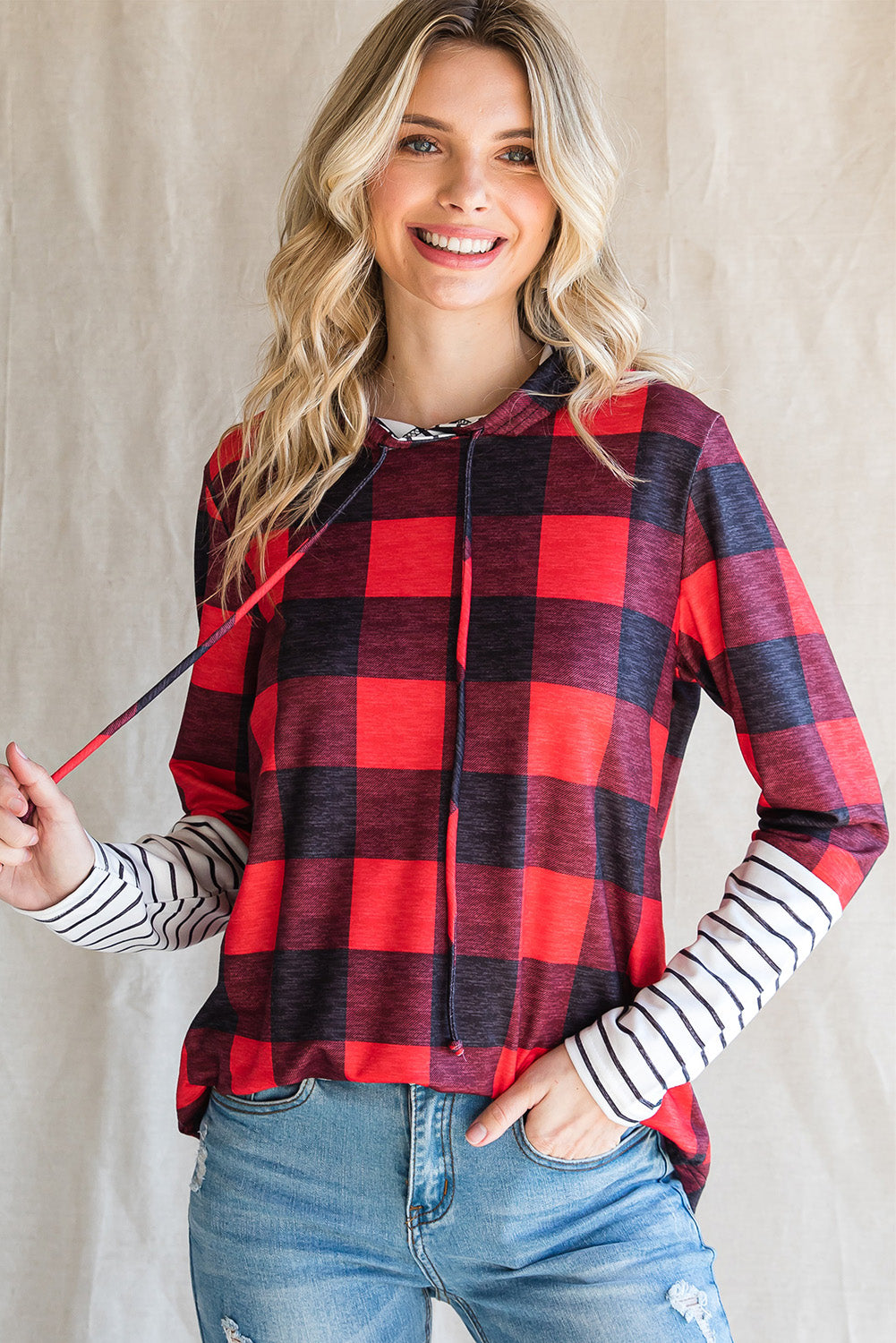 Plaid Striped Long Sleeve Hoodie