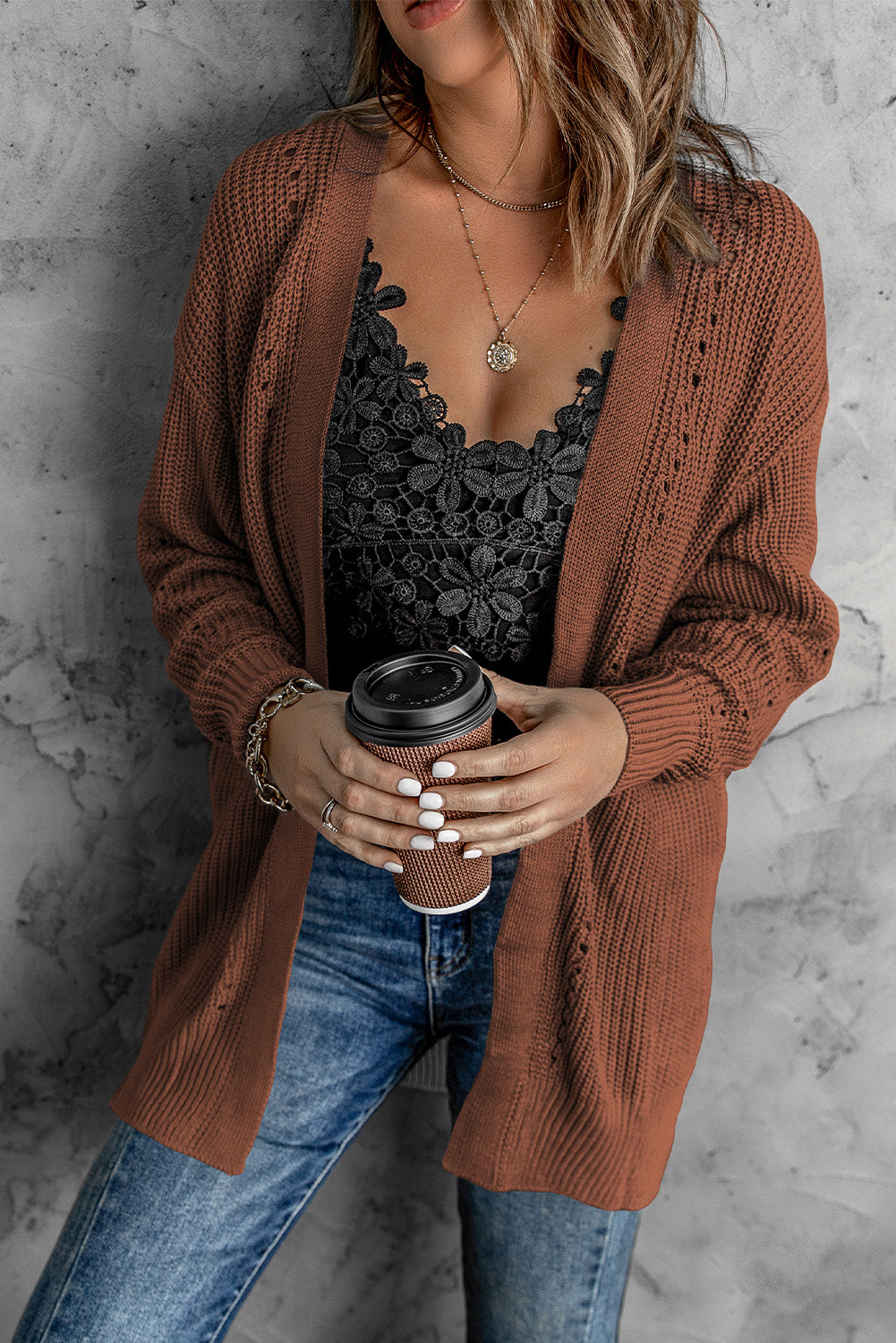 Openwork Rib-Knit Slit Cardigan