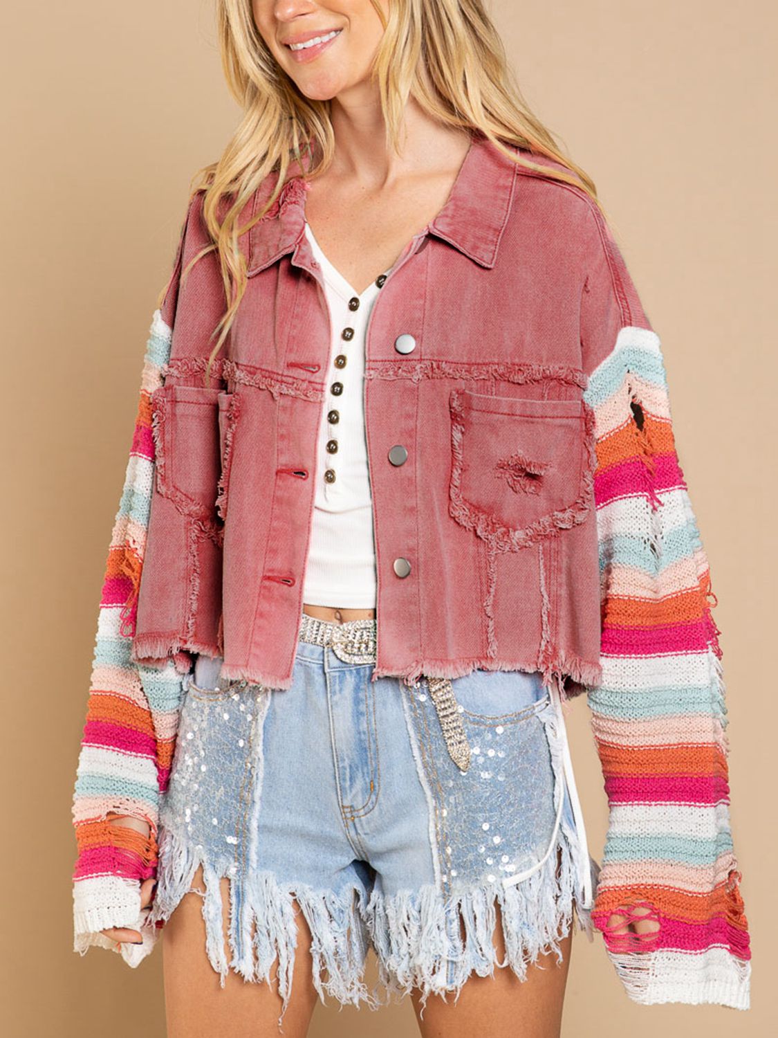 Distressed Striped Long Sleeve Denim Jacket