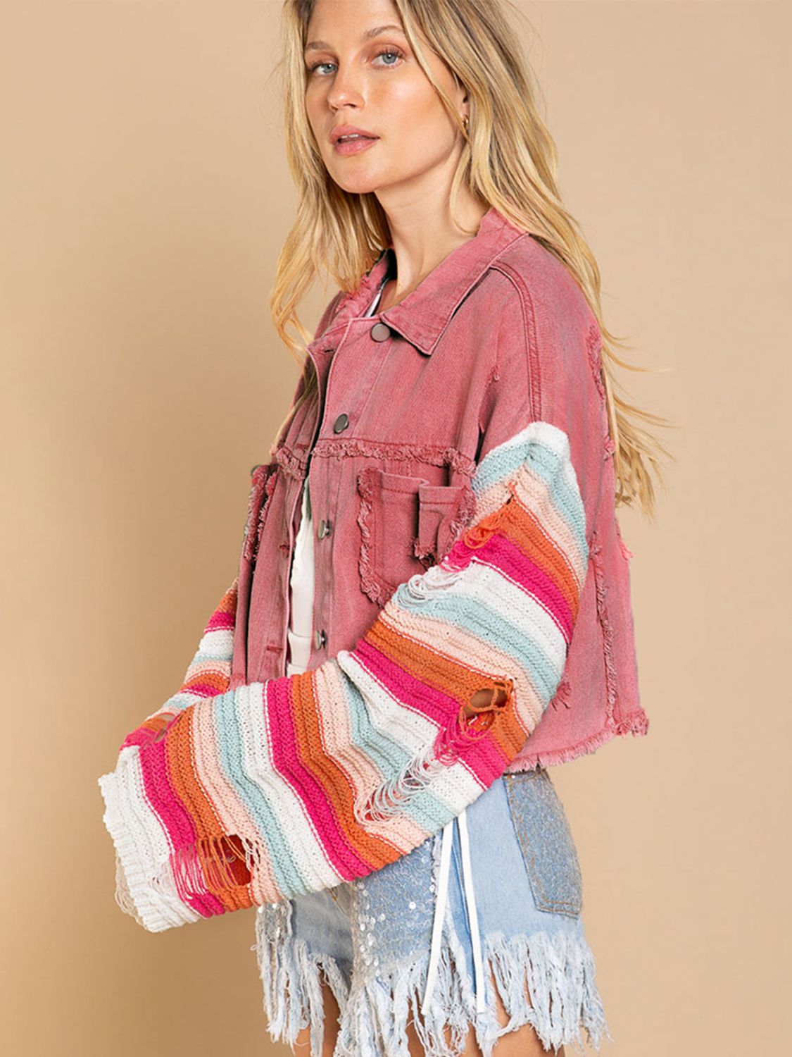 Distressed Striped Long Sleeve Denim Jacket