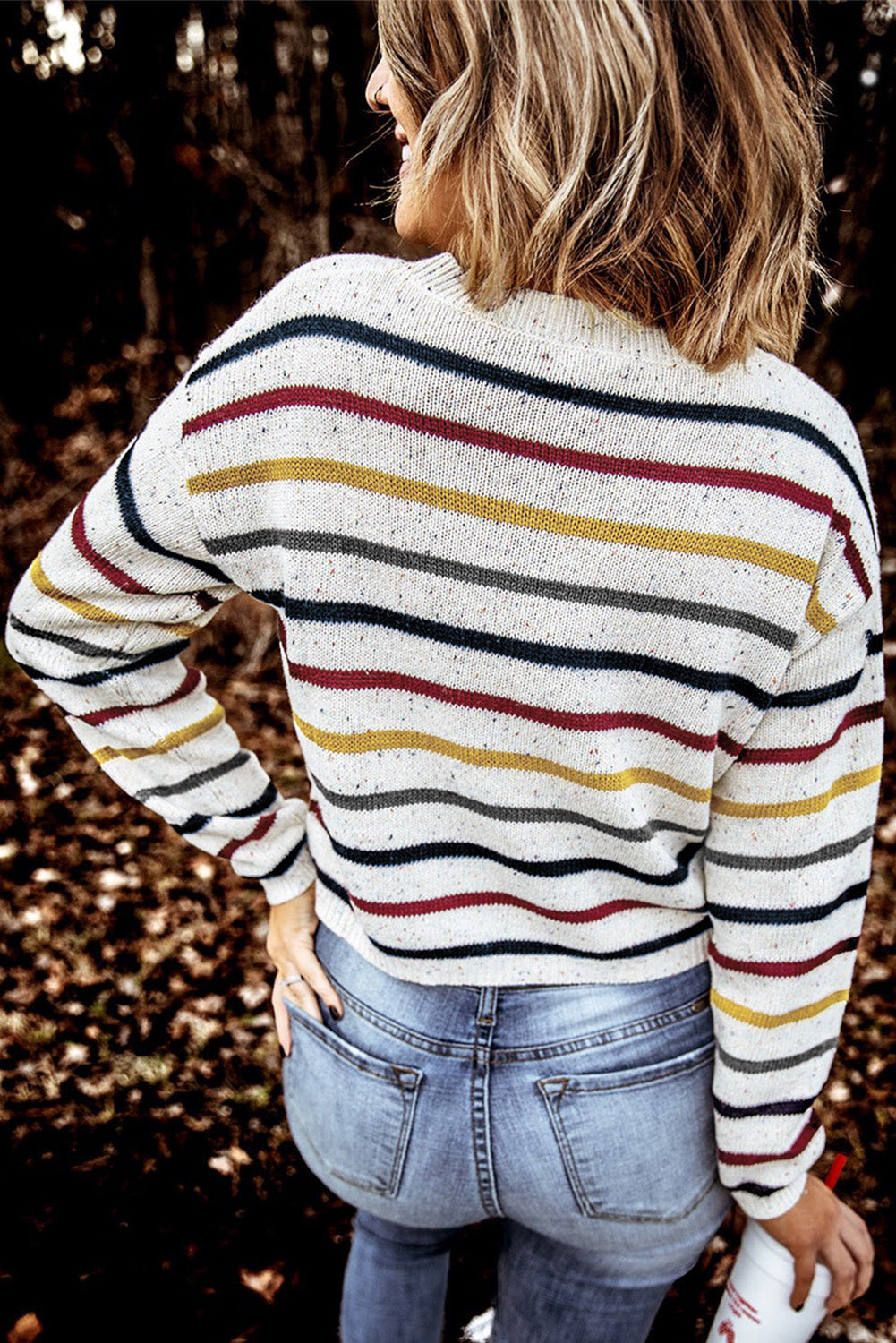 Striped Round Neck Ribbed Trim Sweater