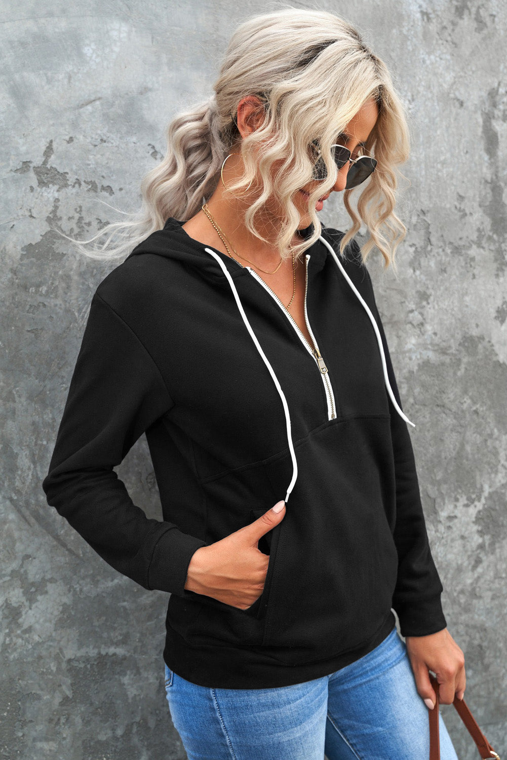 Half-Zip Drawstring Hoodie with Pockets