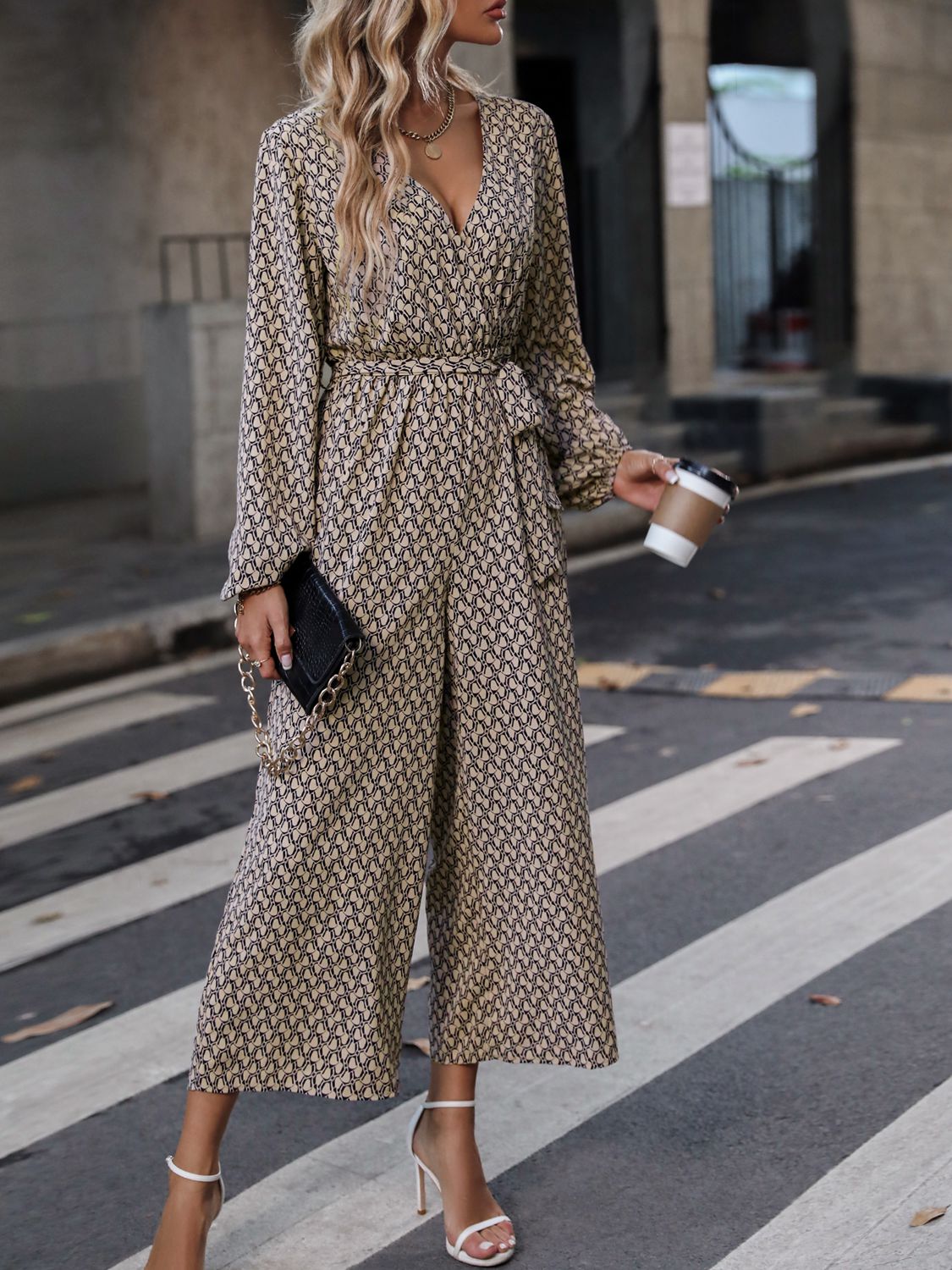 Printed Surplice Neck Tie Waist Wide Leg Jumpsuit