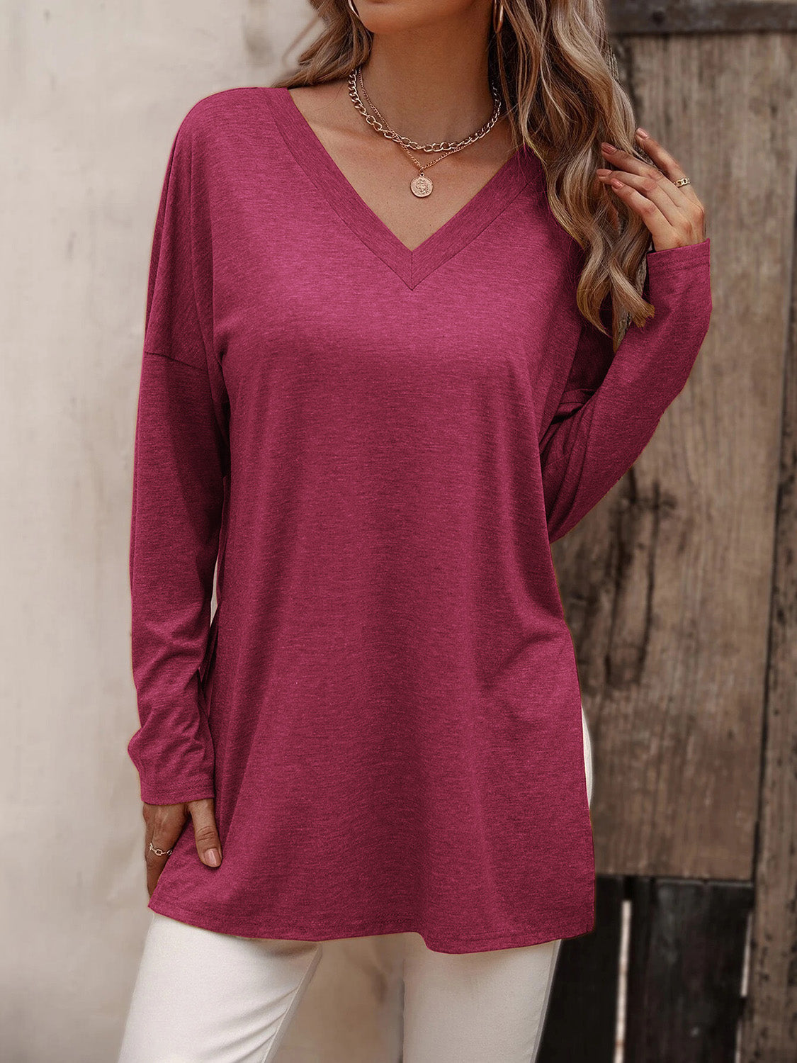 V-Neck Long Sleeve Slit Top