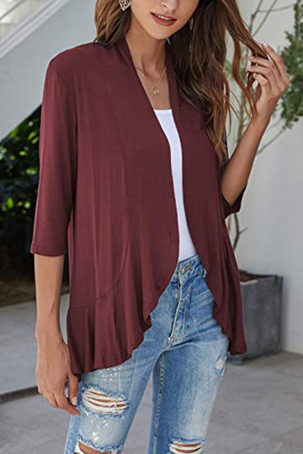 Open Front Ruffle Trim Cardigan