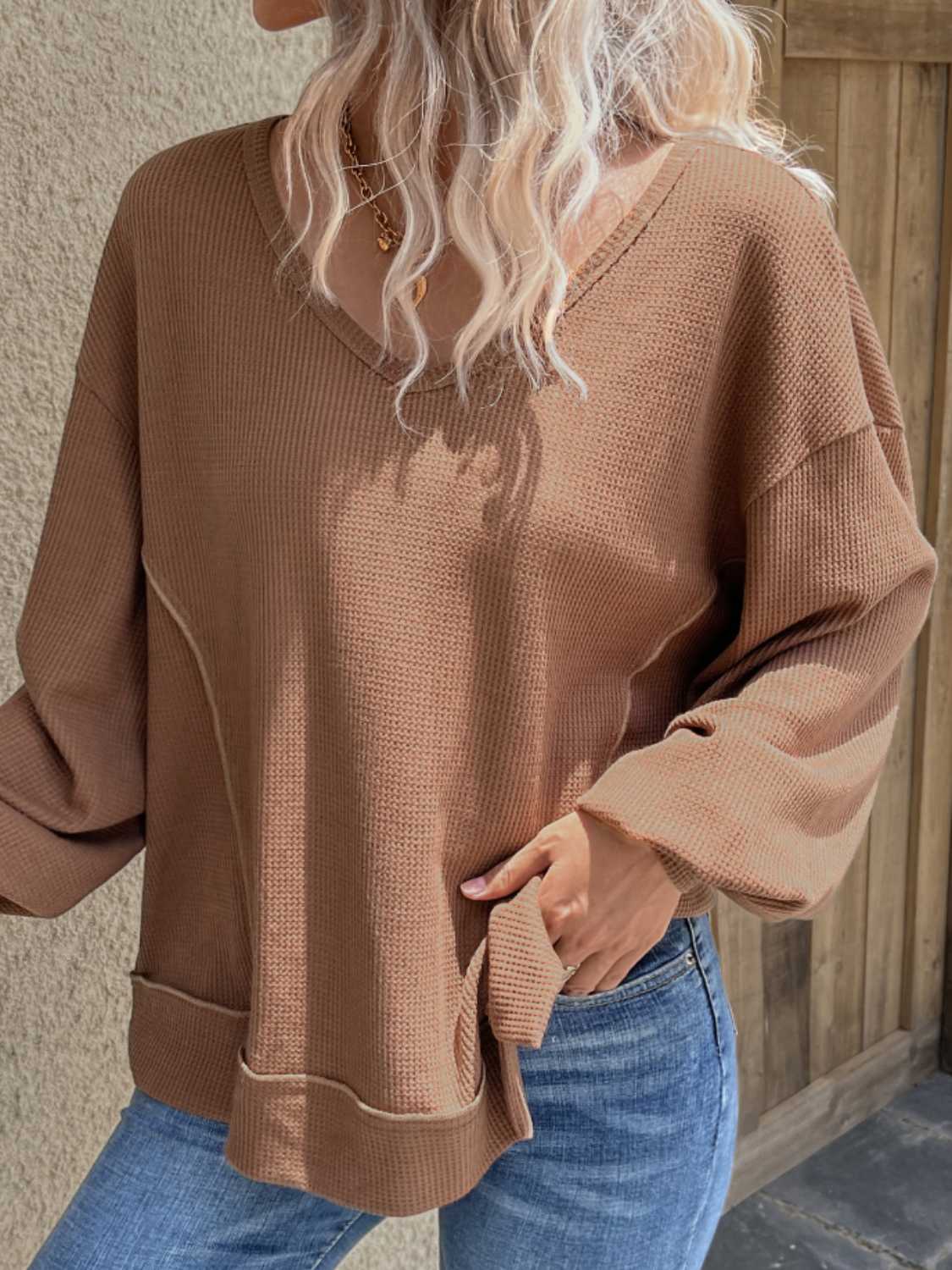 V-Neck Waffle-Knit Slit Top