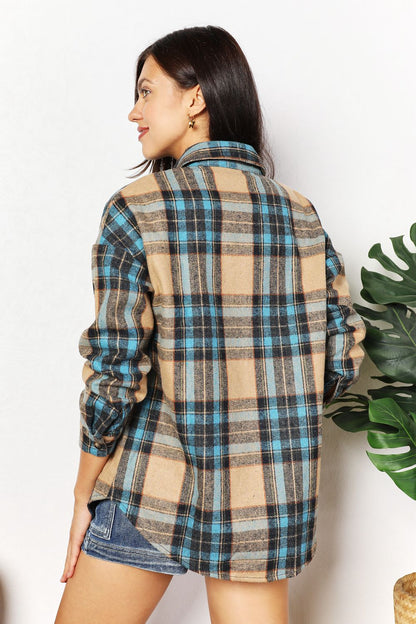 Double Take Plaid Curved Hem Shirt Jacket with Breast Pockets