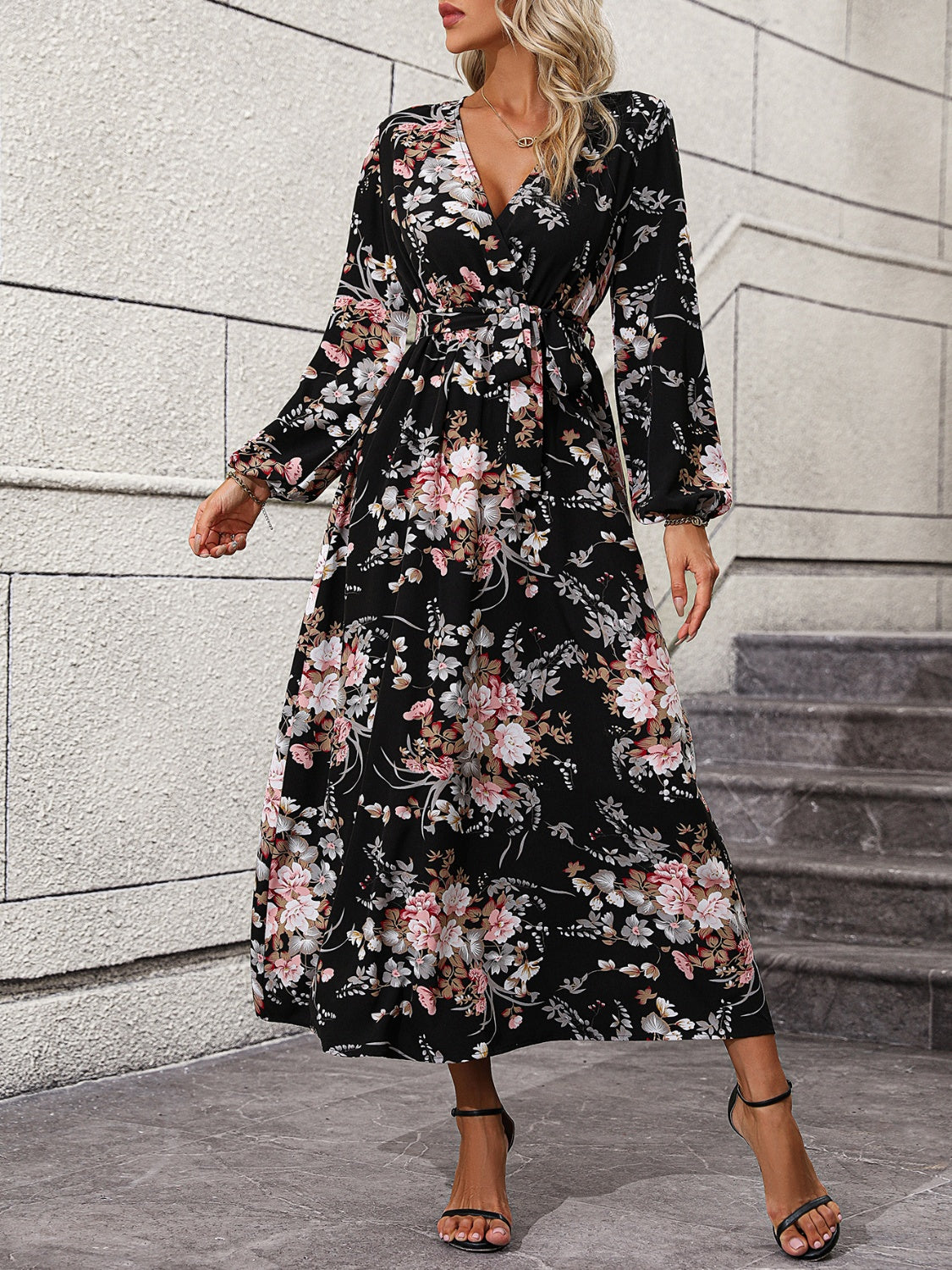 Floral Long Sleeve Surplice Neck Dress