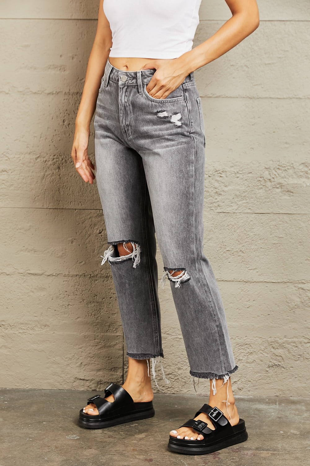 BAYEAS Stone Wash Distressed Cropped Straight Jeans