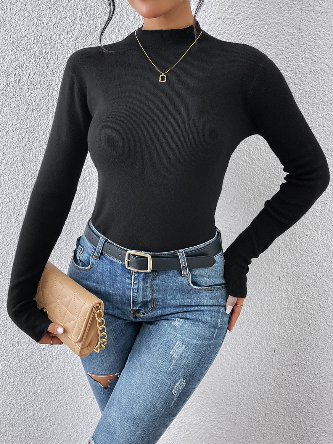 Mock Neck Long Sleeve Knit Top