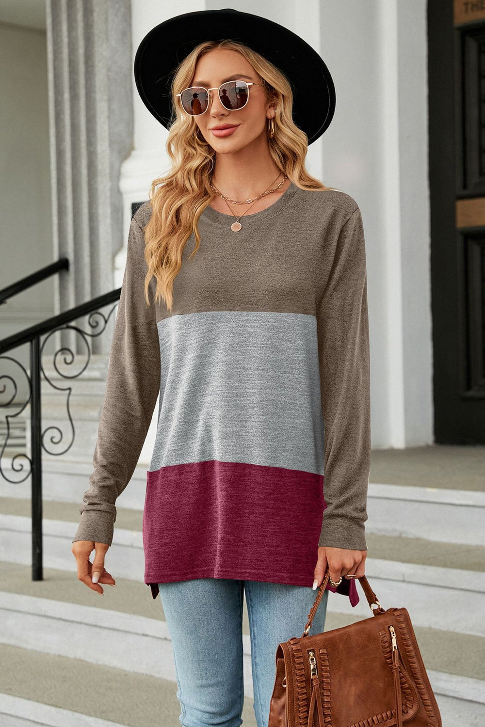 Color Block Round Neck Long Sleeve Slit T-Shirt