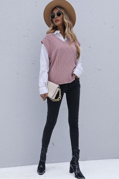 Sleeveless V-Neck Cable Knit Vest