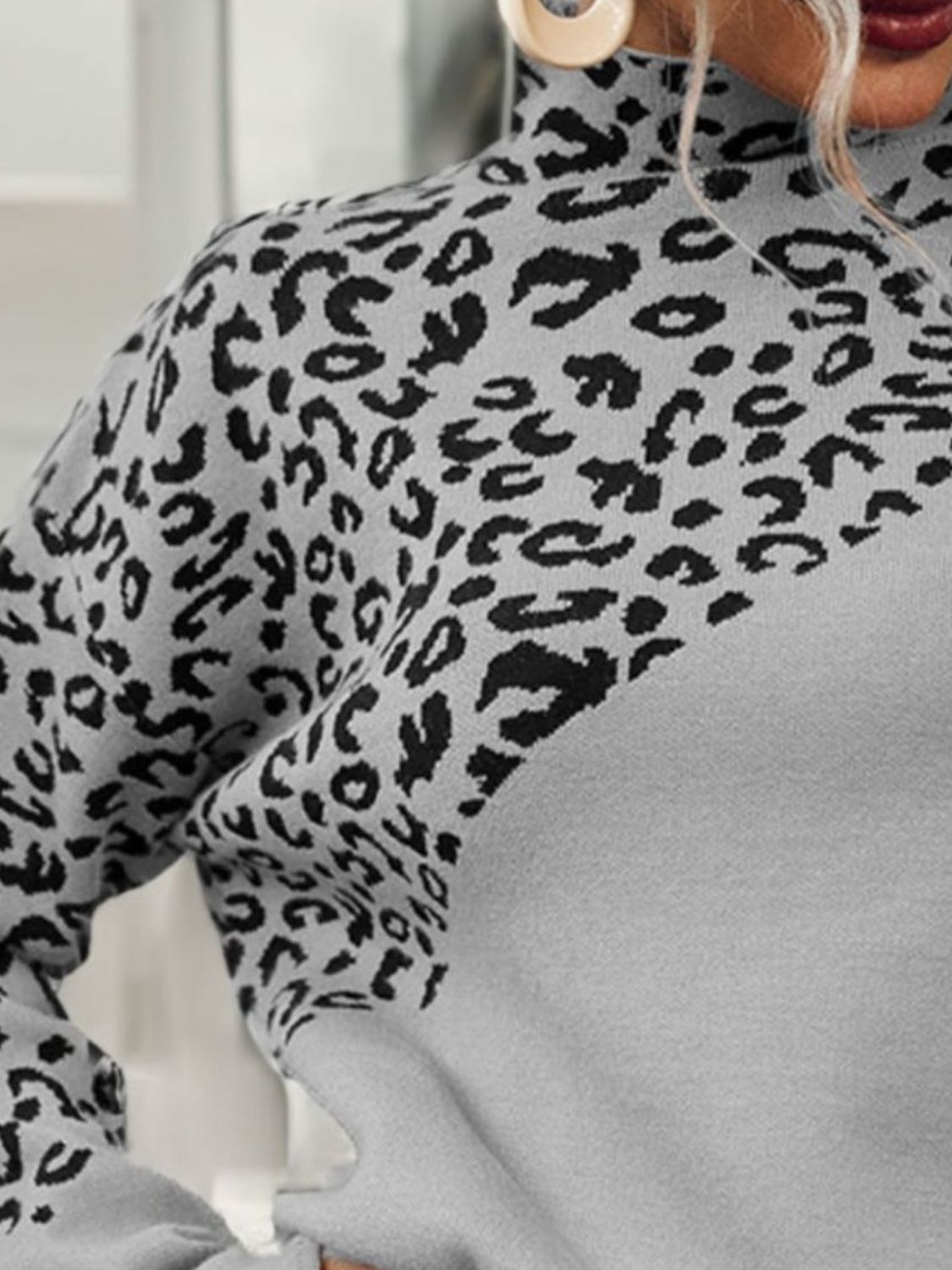 Leopard Mock Neck Dropped Shoulder Sweater