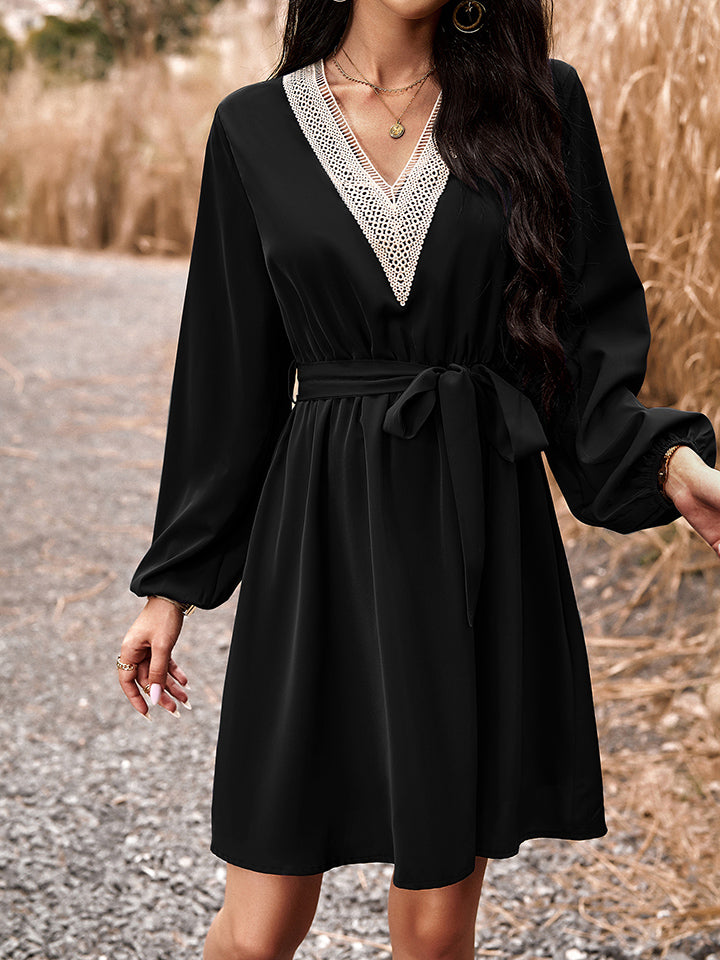 Long Sleeve Tie Waist V-Neck Mini Dress