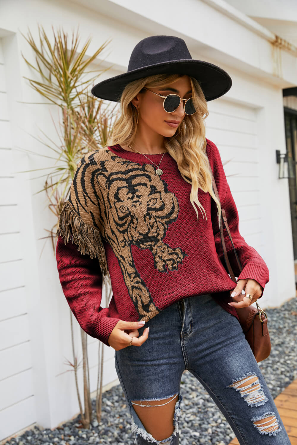 Tiger Graphic Fringe Detail Sweater