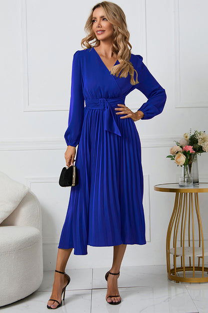 V-Neck Long Sleeve Tie Waist Midi Dress