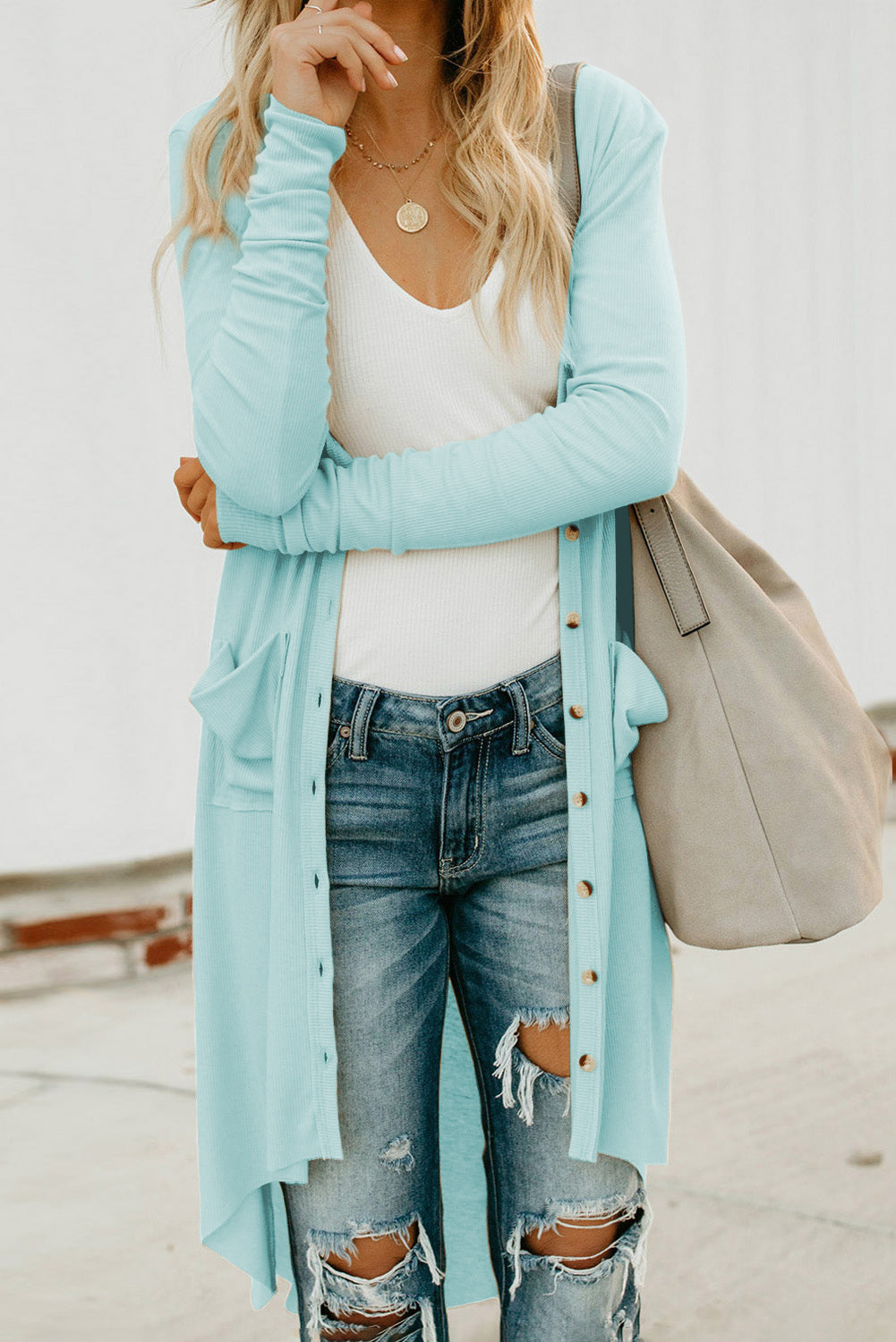 V-Neck Long Sleeve Cardigan with Pocket