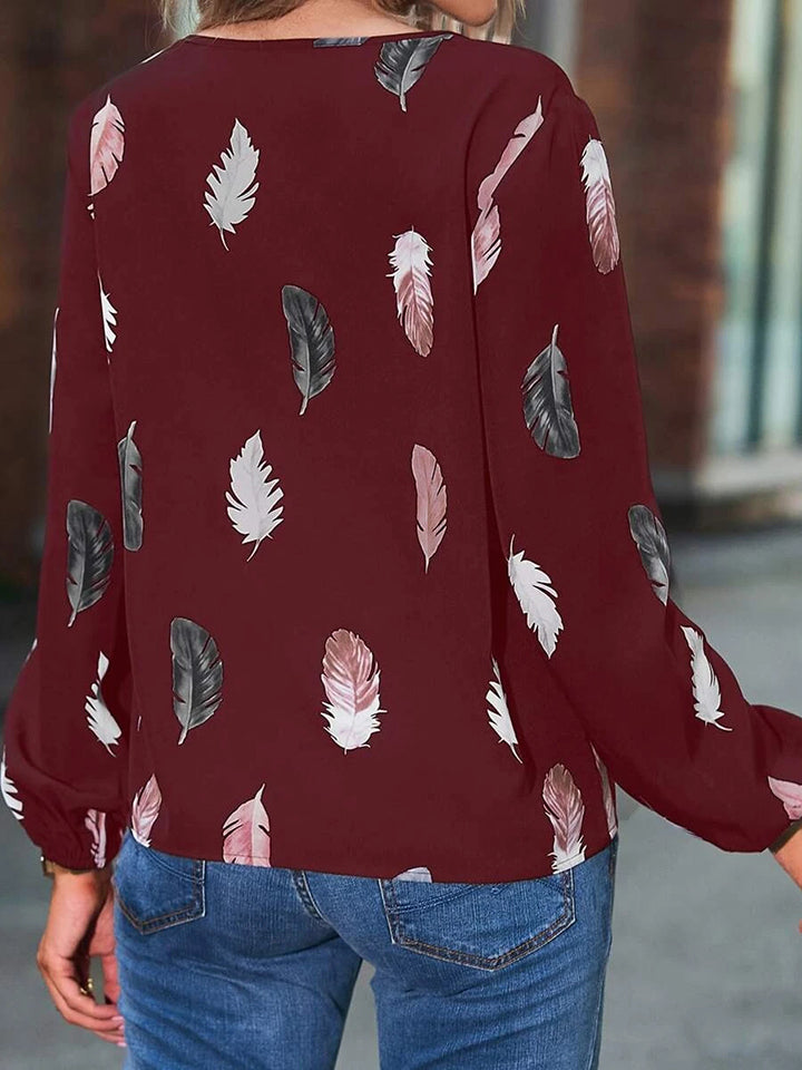 Printed Notched Neck Long Sleeve Blouse