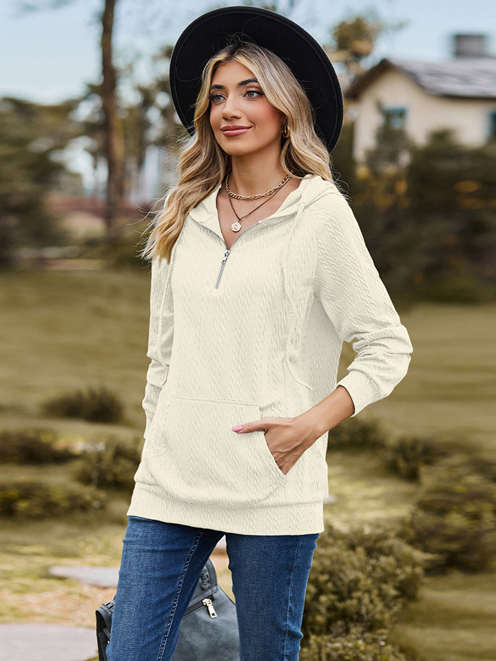 Cable-Knit Zip-Up Hooded Blouse