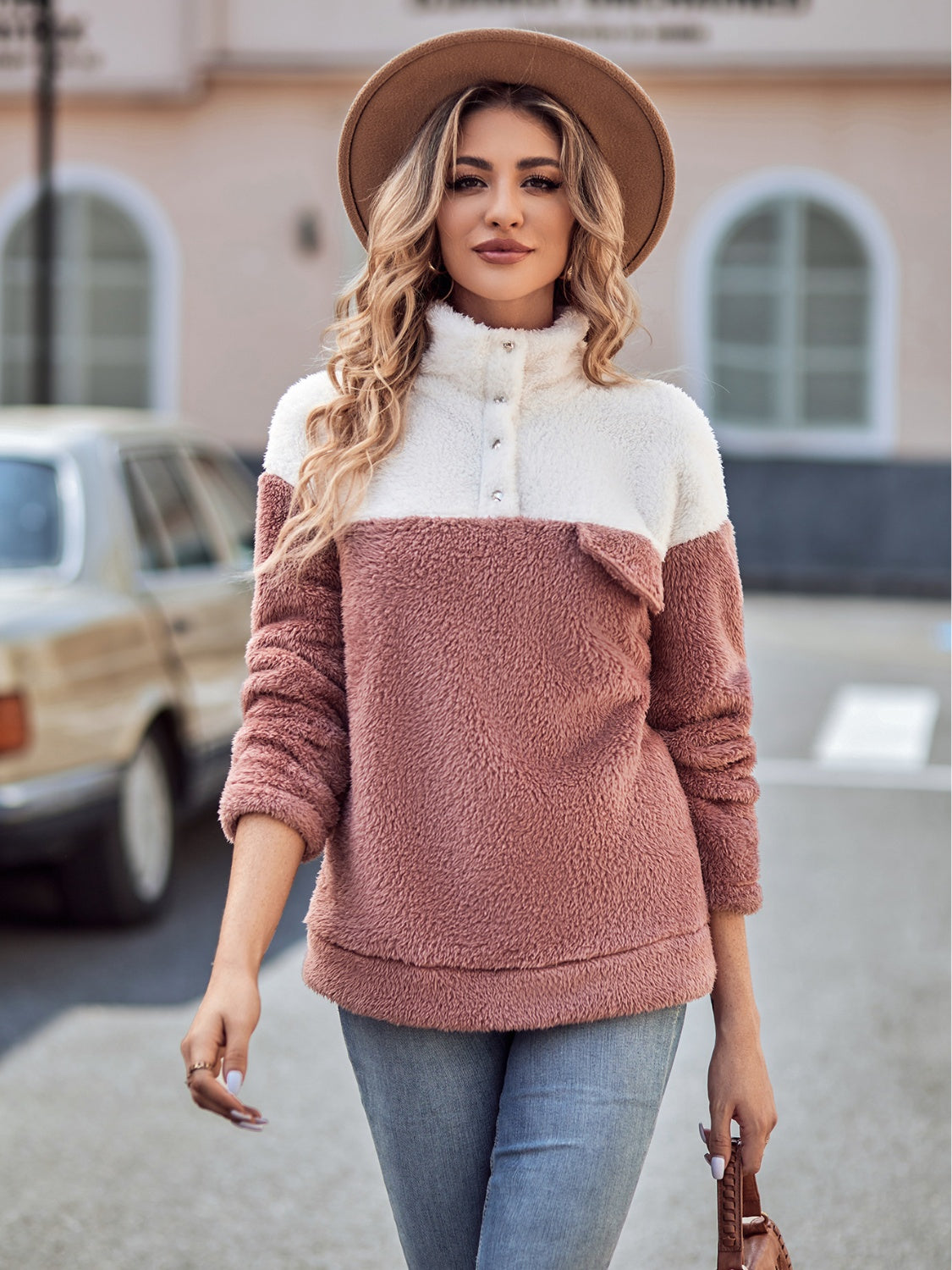 Two-Tone Dropped Shoulder Teddy Sweatshirt