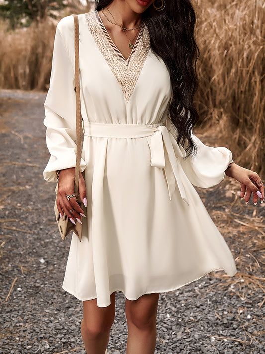 Long Sleeve Tie Waist V-Neck Mini Dress