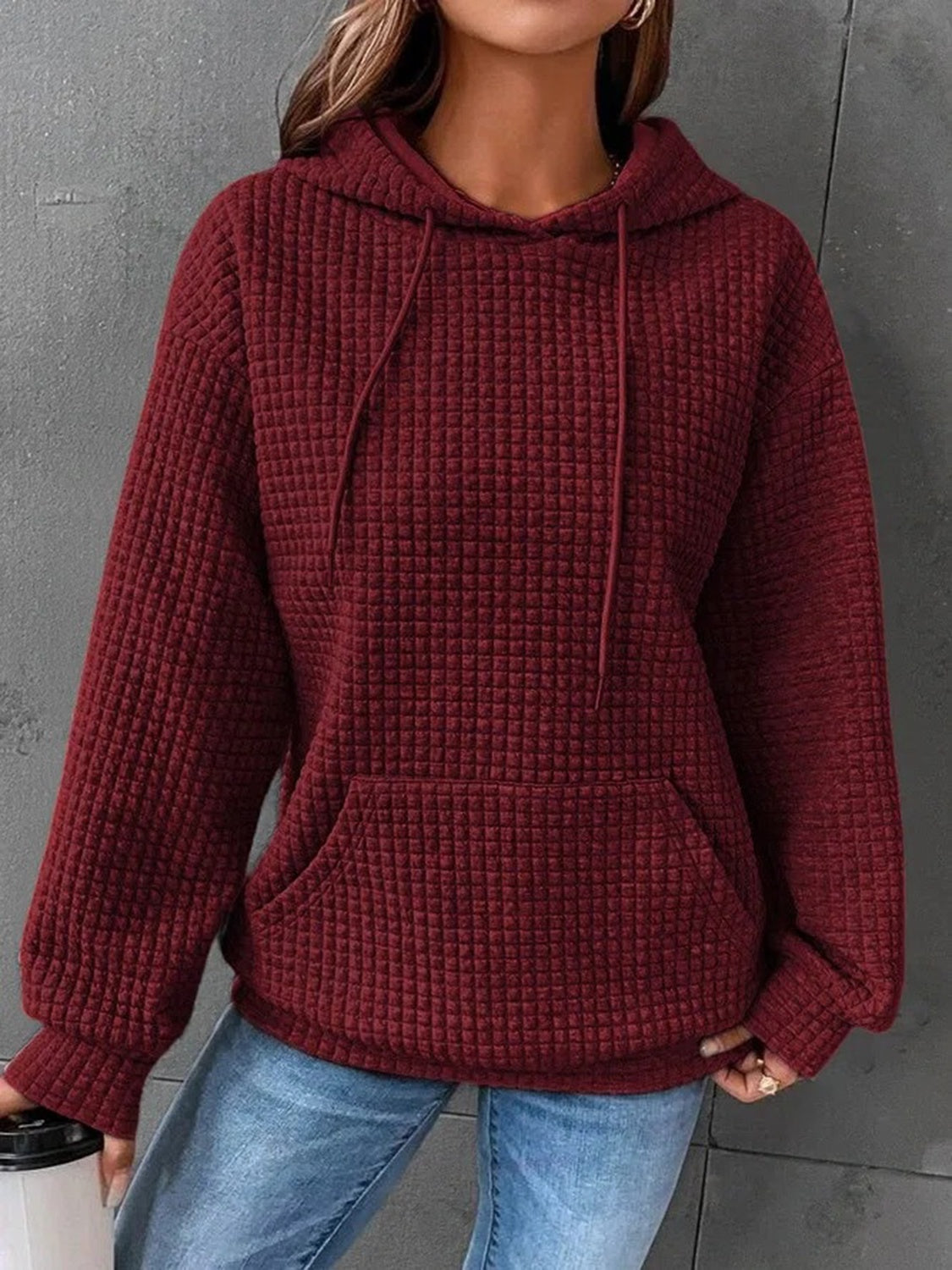 Textured Drawstring Drop Shoulder Hoodie