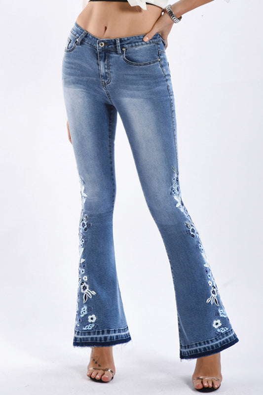 Full Size Flower Embroidery Wide Leg Jeans