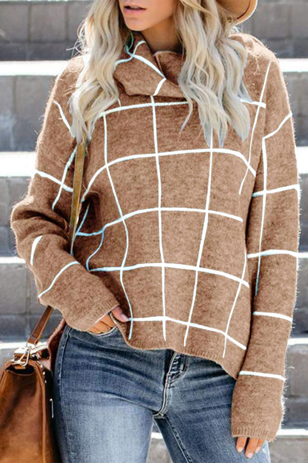 Plaid Turtleneck Drop Shoulder Sweater