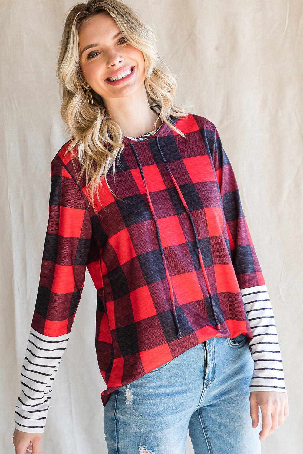 Plaid Striped Long Sleeve Hoodie